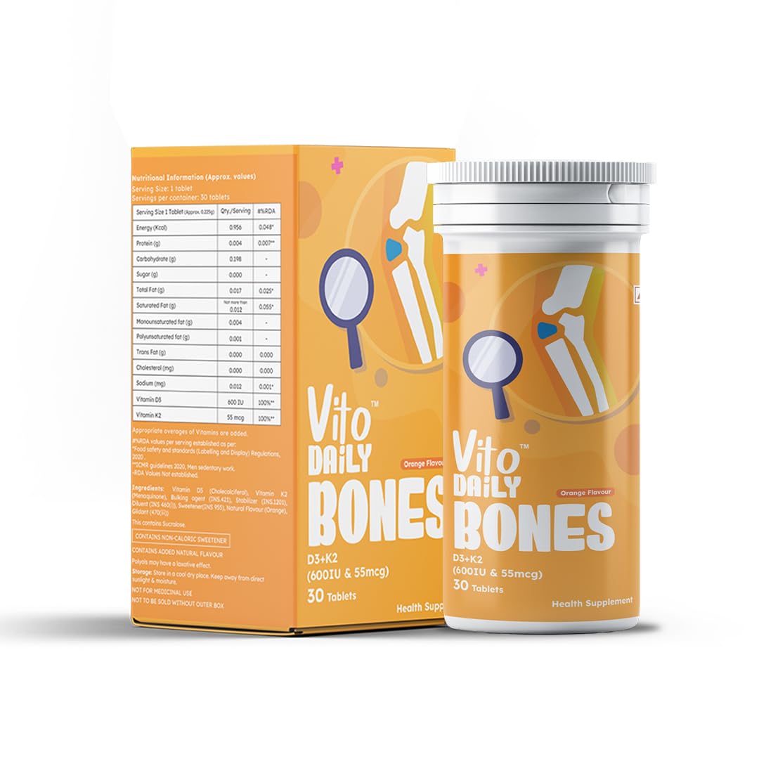 Vito Daily Vitamin D3 600 IU + K2 as MK7 Supplement - Supports Stronger Bones, Immunity & Heart Health - Plant Based Fast Dissolve Tablets - 30 Nos (Pack of 1)