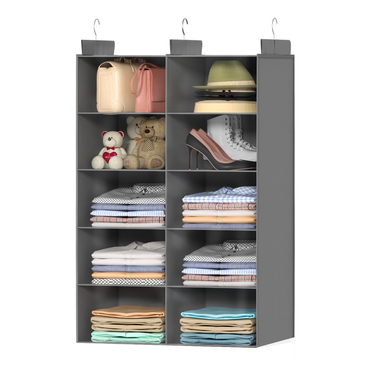 ALLTIDYUP Hanging Wardrobe Organiser, Dual-Row Closet Storage with 3 Hooks