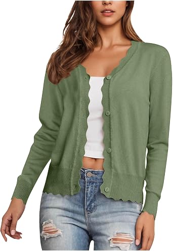 Womens Cardigan Sweaters Long Sleeve Sweater Top Lightweight Open Front Cardigans Scalloped Edge Shrugs Sweater Army Green