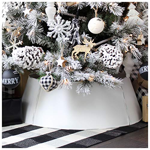 AuldHome White Farmhouse Tree Collar,Large Diameter Base (29-Inch) Metal Vintage Enamelware Christmas Tree Accent, Distressed Retro Style… (Large (4-Panel Version))