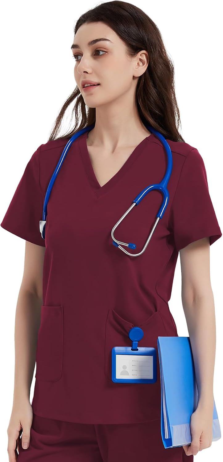 QBK Yoga Scrub Top for Women V Neck Shirt with 2 Pockets, Comfort Soft Stretch, Easy Care