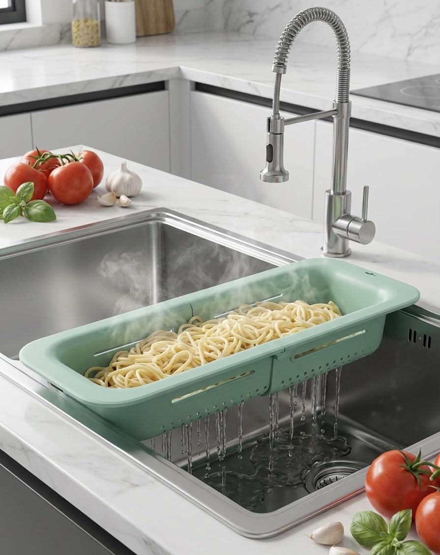 AHASON'S Colador para colocar sobre el fregadero, lavar verduras y frutas, escurrir la pasta cocida, cesta extensible (verde menta)