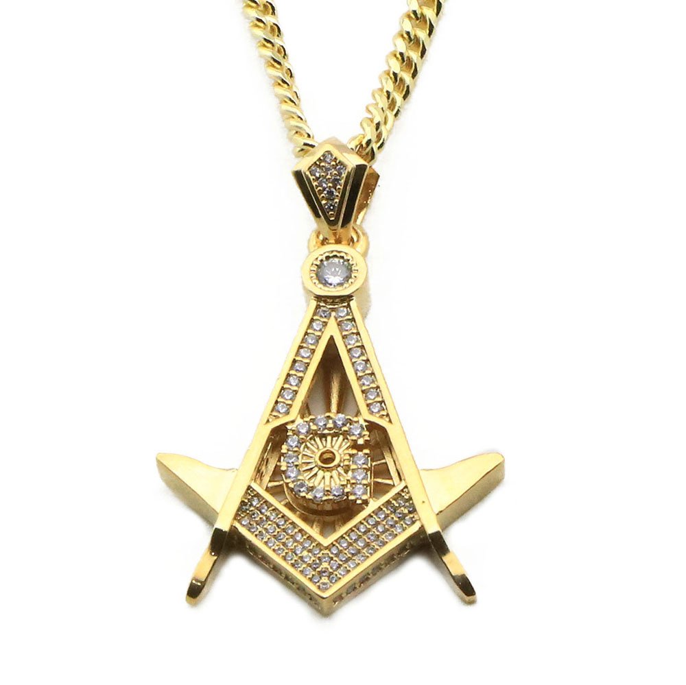 Iced Out Freemason Masonic Pendant w/ 24" Cuban Chain Necklace A1036PG