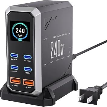 USB C Charger Block, 240W GaN USB C 6-Port Charger Station, Laptop Power PD Adapter with Touch Control and Color Display, Charging Station for MacBook, iPhone, Samsung, Laptop, iPad, Desktop, and More