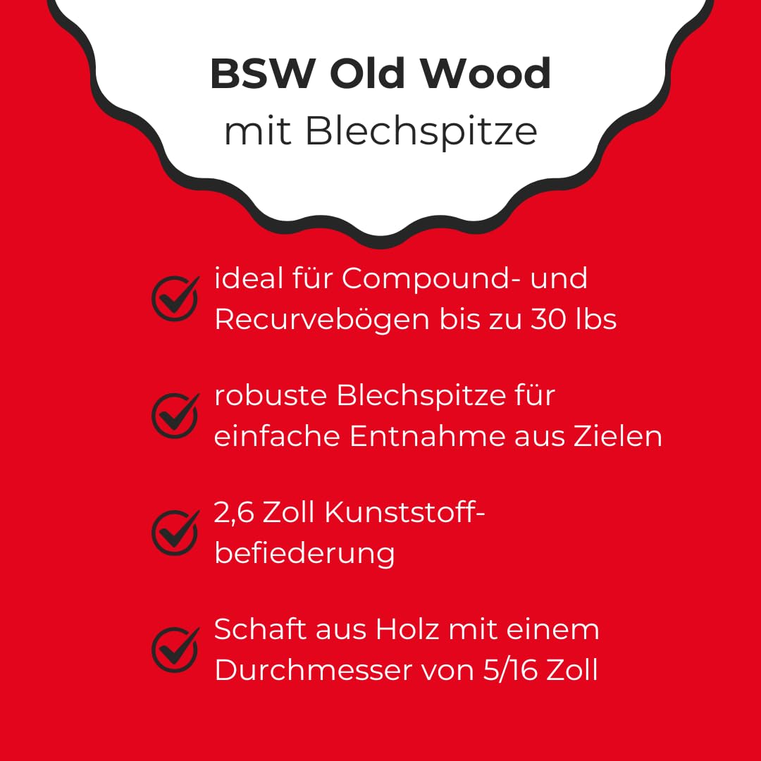 10x Old Wood Traditionelle Holzpfeile Set, 5/16 Zoll Schaft, 26 Zoll Längen, 2,6 Zoll Kunststoffbefiederung, Kunststoffnocken, abgerundete Blechspitzen, für Recurve und Compound bis 30 lbs