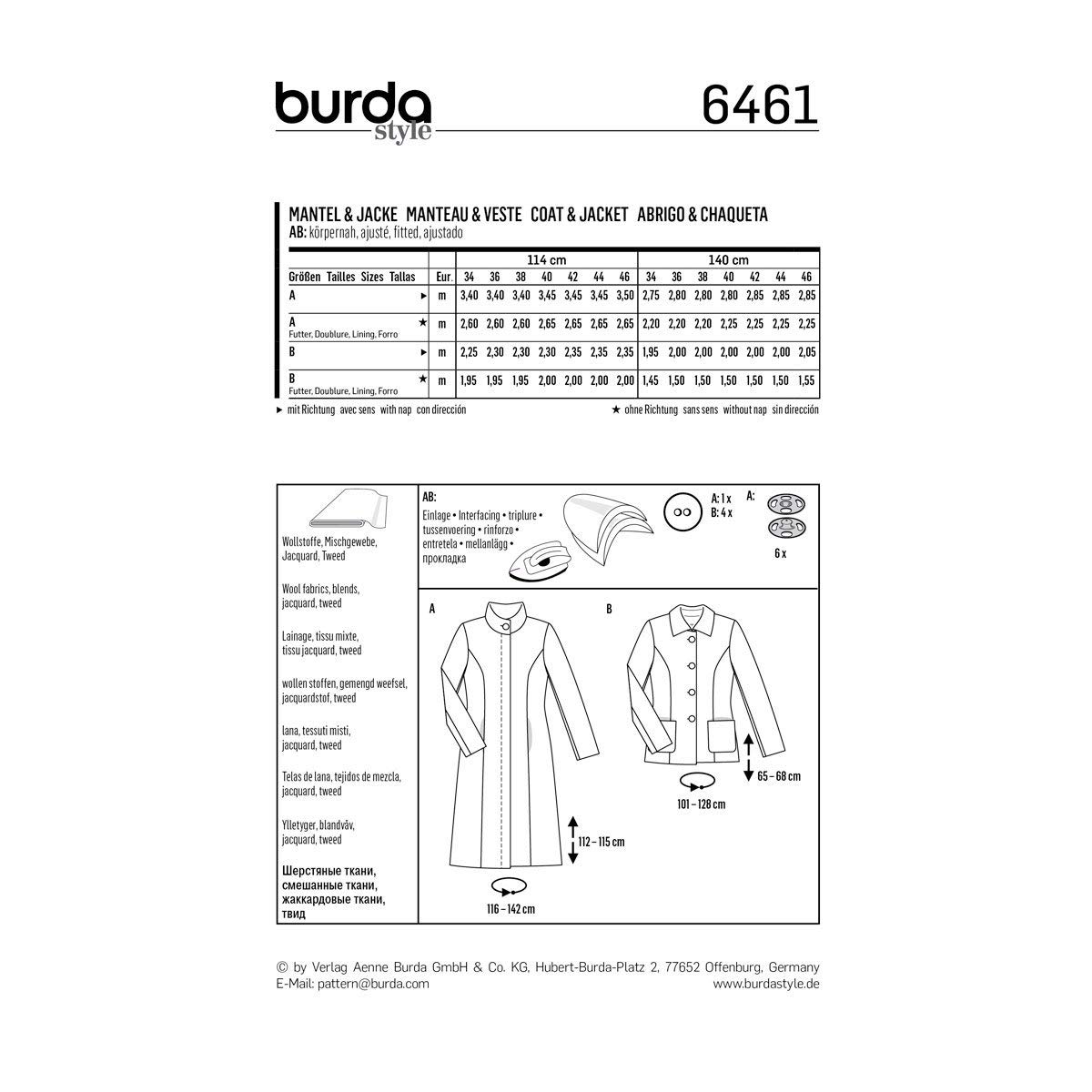 Burda Patron 6461 Cappotto e Giacca, Altro, Bianco, 19 x 14 x 0.5 cm
