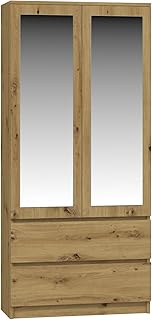 Modern Double Wardrobe with Drawers - 2 Door Cupboard Contemporary Bedroom Furniture with Mirrors - Artisan