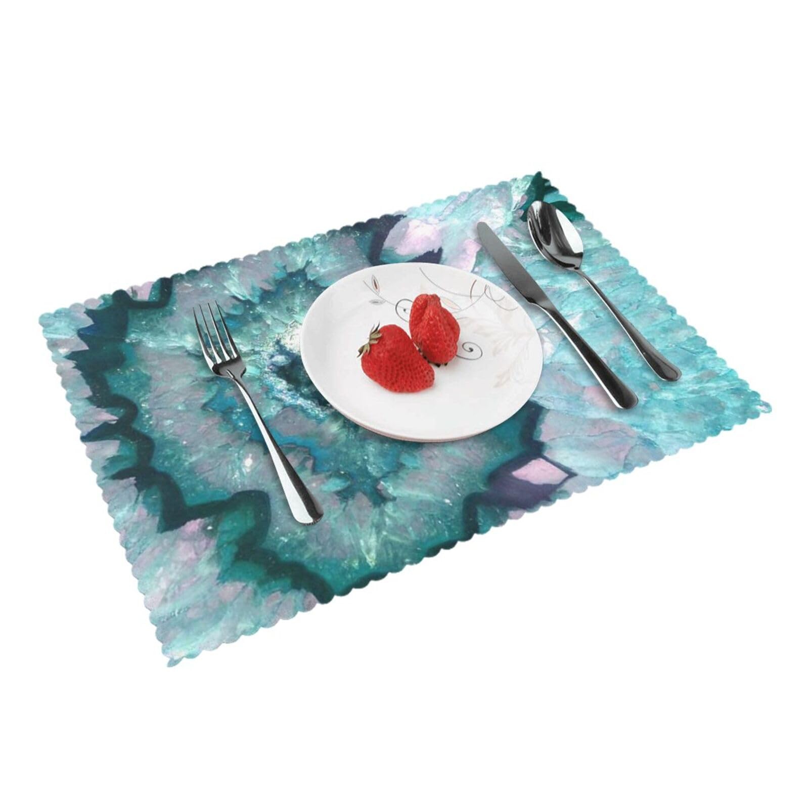 4 PCS Heat Resistant Placemat 45x30 CM, Teal Agate Printed Non-Slip Place Mats for Kitchen Dining Table Indoor Outdoor
