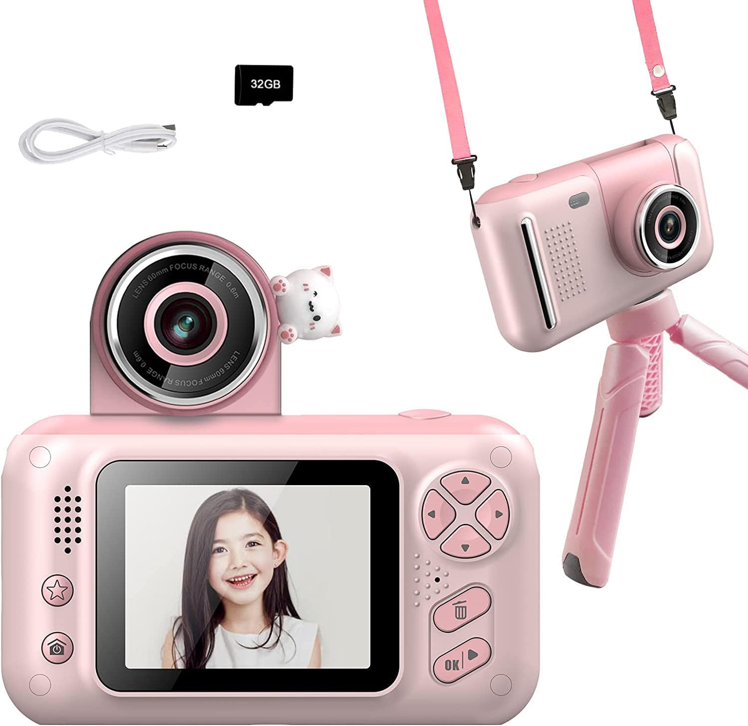 Leqtroniq 40MP Kids Digital Camera with Flip Lens, Portable 1080P HD Digital Video Recorder with 32GB SD Card for 3 Year + Boys & Girls (Pink)
