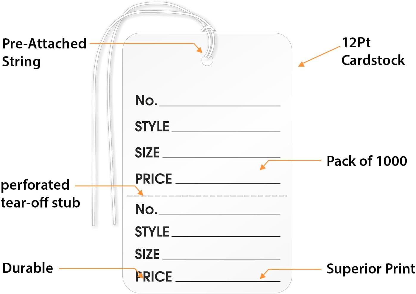 XpressTags (Pack of 1000) 2.875 x 1.75 inch Perforated Garment Tags with Pre-Attached String and Stub (Size - 6), String, 12 Point Cardstock, White