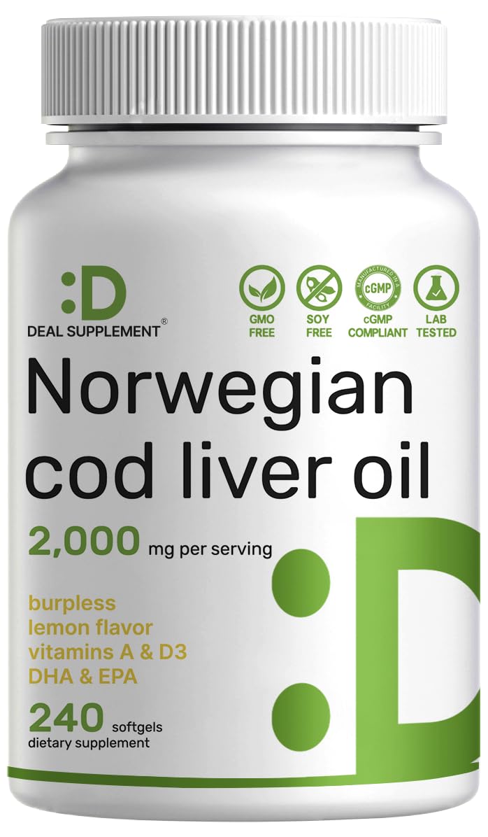 Wild Caught Cod Liver Oil 2,000mg Per Serving, 240 Softgels – Extra Strength EPA DHA Omega 3 with Vitamin D & A – Burpless, Lemon Flavored – Vision, Heart, Brain, & Immune Support