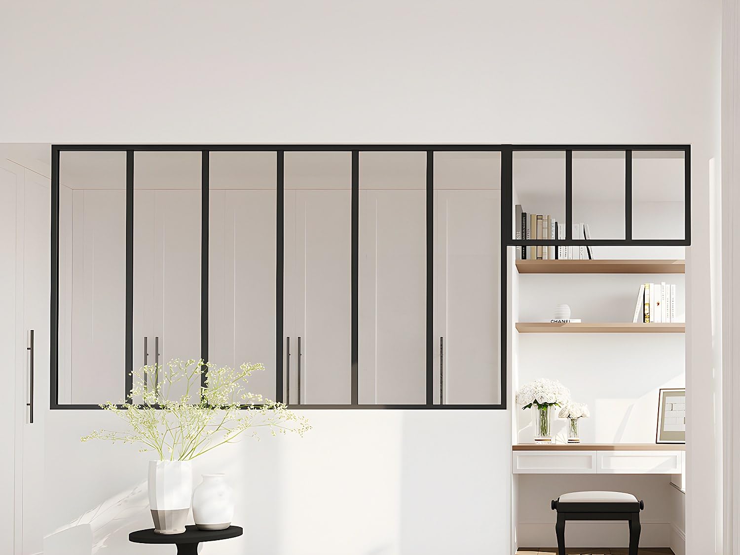 Vente-unique - Pared de cristal para estudio con claraboya - Aluminio termolacado - 180 x 105 + 73 x 40 cm - Negro - Bayview