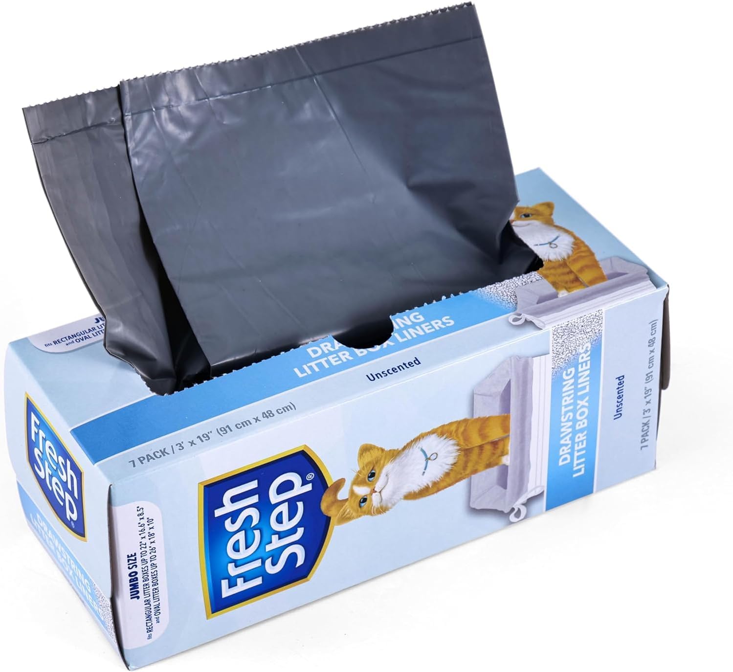 Fresh Step Jumbo Drawstring Cat Litter Box Liners, Unscented Heavy Duty Kitty Litter Bags for X-Large Oval or Rectangle Pans, Helps Contain Mess, Easy Lift Out Cleanup, 36 x 19 in, 7 Count - 4 Pack