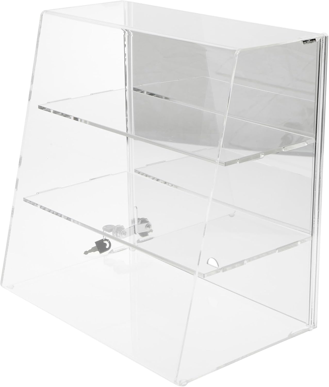Plymor Clear Acrylic Locking Display Case with Slanted Front and Sliding Back, 2 Flat Shelves (Mirrored) 16" H x 16" W x 10" D