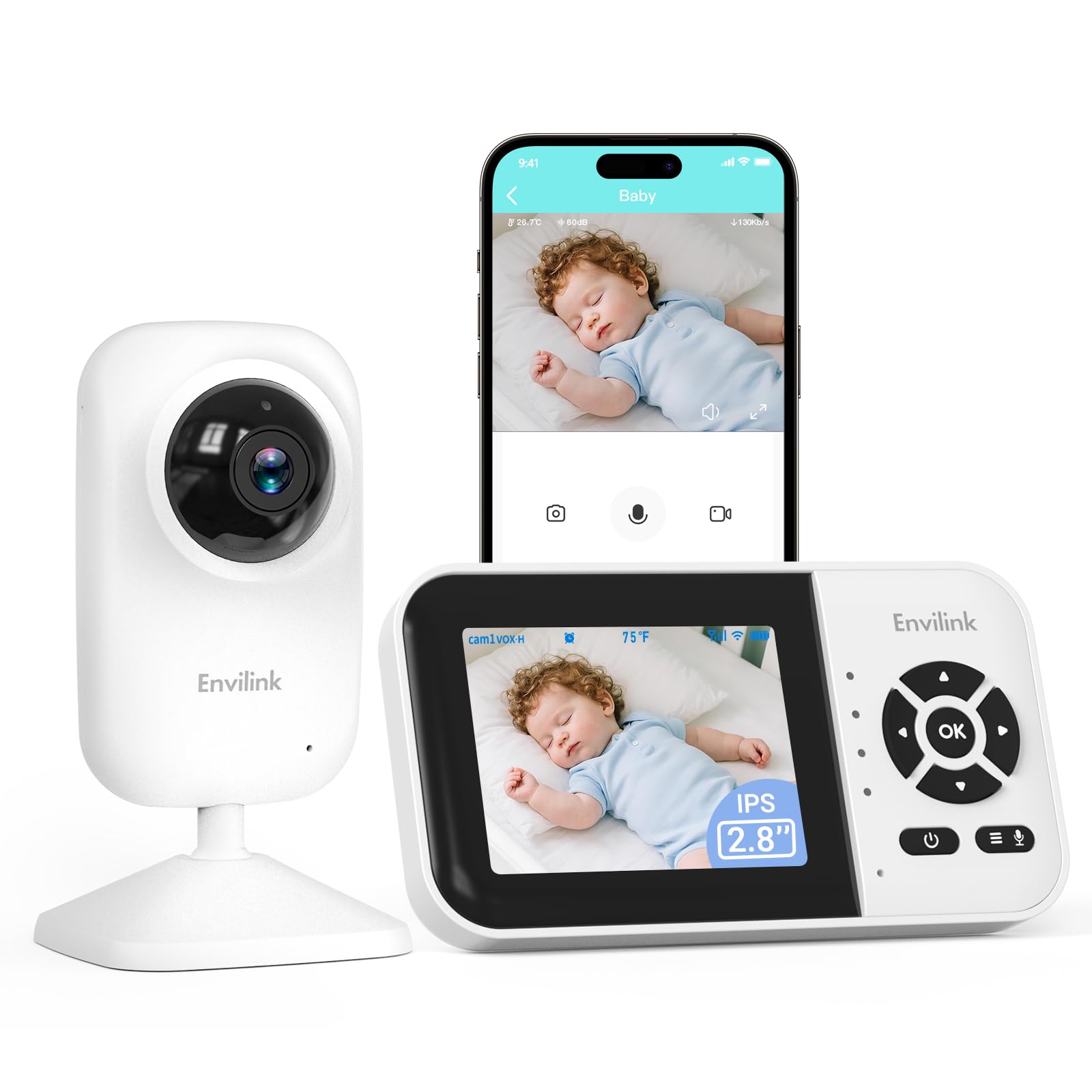 Baby Monitor con telecamera e audio, baby monitor video, visione notturna WiFi, display LCD da 2,8 pollici, telecamera per bambini, allarme modalità VOX e lungo raggio di 304,8 m