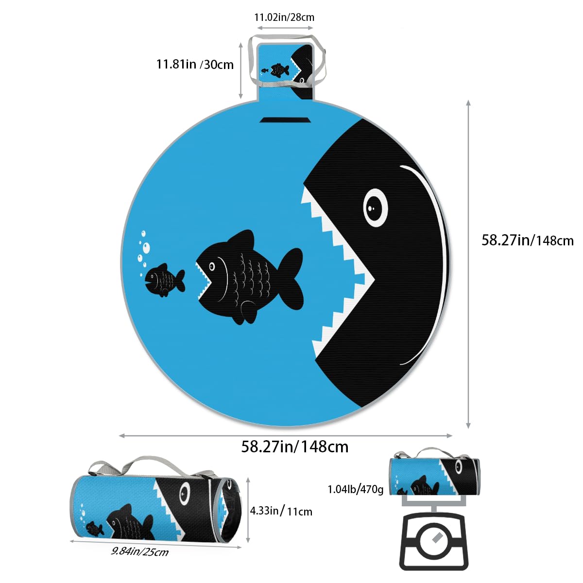 Shimoshe Funny Fish Eat Fish Picnic Outdoor Blanket Foldable Waterproof Sandproof Beach Blanket Portable Water-Resistant Round Picnic Mat for Travel Camping Park Lawn