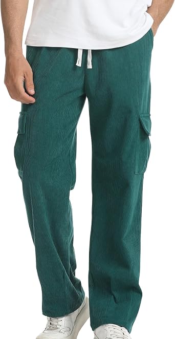 Suwangi Mens Cargo Corduroy Pant Casual Drawstring Straight Leg Sweatpants
