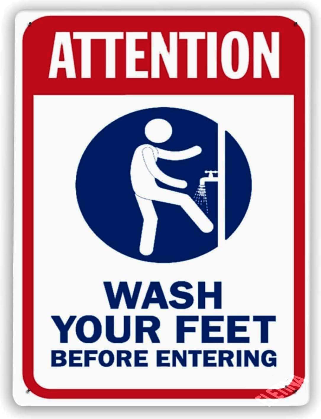 Entry Hygiene Rule Metal Tin Sign, Wash Feet Fully Before Entering Premises Beach Cabin Wall Decor, 12x8 Inches Aluminum