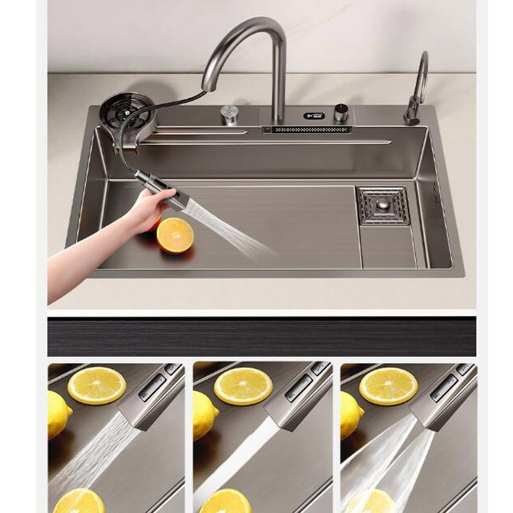 Lavello a cascata in acciaio inox a vasca singola con lavello da tavolo con rondella tazza rubinetto sifone per casa commerciale bellissimo lavello grigio bar, grigio-6,
