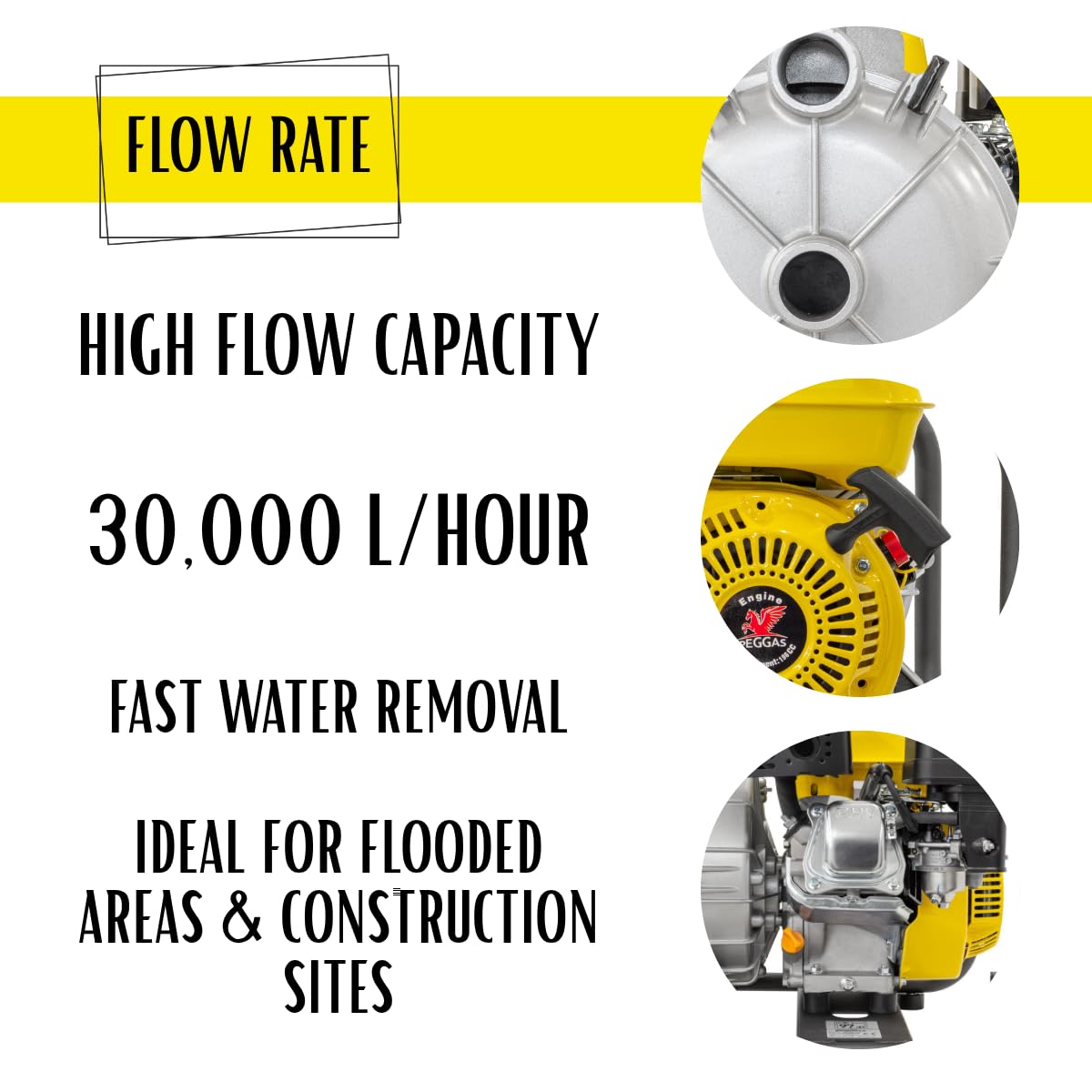 ✦ WASPPER WP20D-P ✦ Bomba de Agua Sucia De Uso Rudo & Portable con Tasa de Flujo de 30 000 l/hr ✦ Elevación de Agua de 28 m ✦ 3 600 RPM Motor de Gasolina de 4 Tiempos y Accesorios incluidos