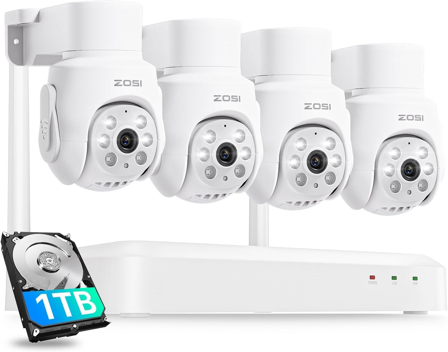 ZOSI 5MP Wireless CCTV Camera System with 4Pcs 5MP Wi-Fi 6 Security Cameras, 8CH 4K WiFi NVR with 1TB HDD, Pan/Tilt, Color Night Vision, Siren Alarm, Human Auto Tracking, 2-Way Audio