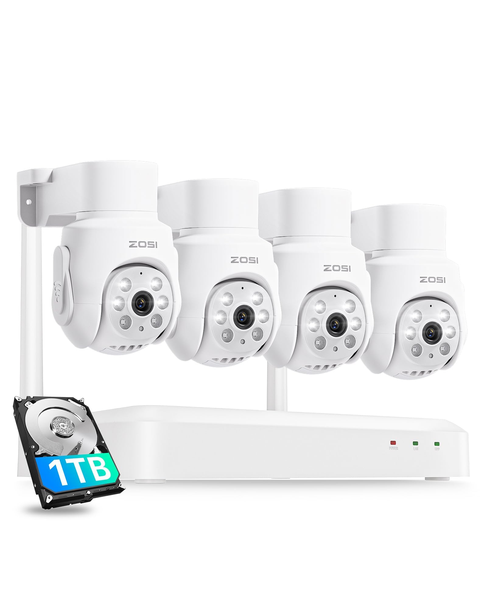 ZOSI 5MP Wireless CCTV Camera System with 4Pcs 5MP Wi-Fi 6 Security Cameras, 8CH 4K WiFi NVR with 1TB HDD, Pan/Tilt, Color Night Vision, Siren Alarm, Human Auto Tracking, 2-Way Audio