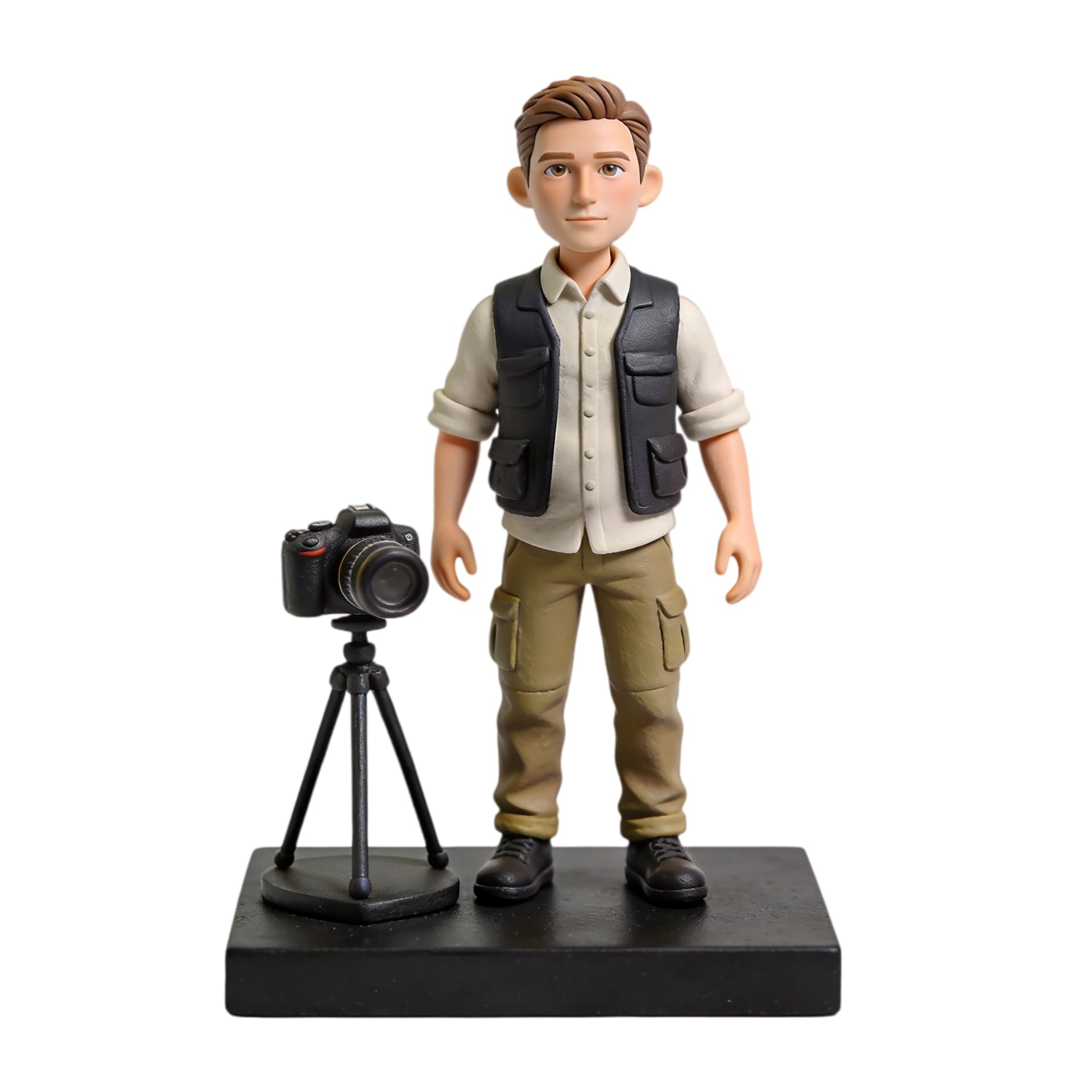 Figura 3D de cabeza de bobblehead personalizada, de fotógrafos masculinos con trípode de cámara, adorno de escritorio personalizado, regalos para fotógrafos profesionales y aficionados a la