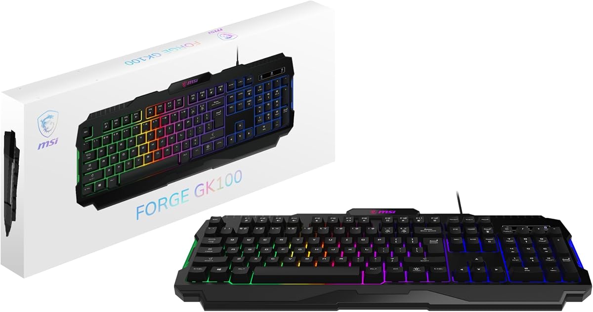 msi Forge GK100 US - Membrane Keyboard, RGB, Ergonomic, Anti-GHOSTING, Angle-Adjustable (Black)