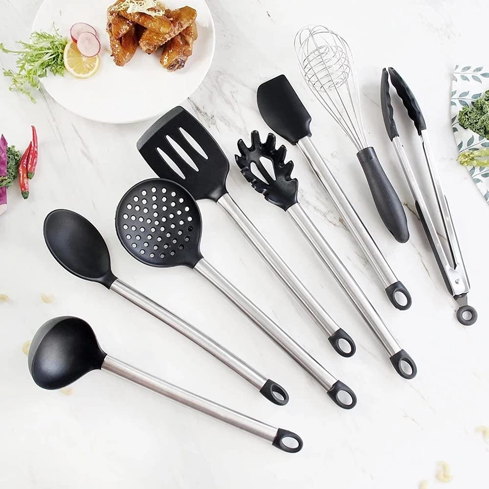 SKUZA Küchenutensilien-Set, Silikon-Küchenutensilien-Set Kochen Hitzebeständiges Antihaft-Silikon-Utensilien-Set mit Edelstahlgriff