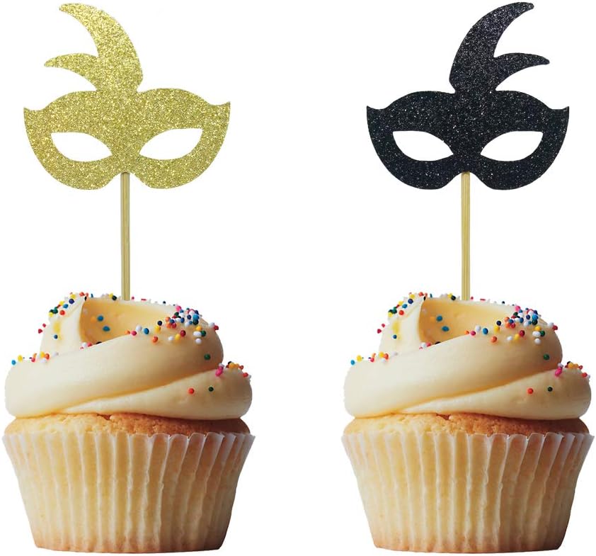 Morndew 24 PCS Gold and Black Masquerade Masks Cupcake Topper for New Year's Party Birthday Party Wedding Party Decorations