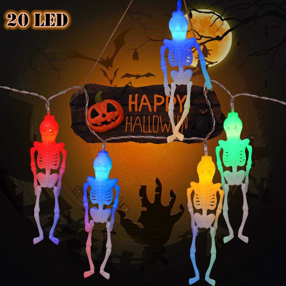 Halloween Lights, 20 LED Skeleton Skull String Lights, Holiday Lights for Halloween Decor, 2 Modes Steady/Flickering Lights (20 Skeleton Skull -13 feet)
