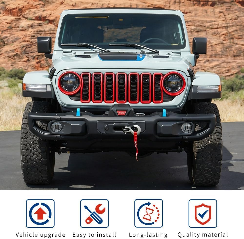 9PCS Front Grille Inserts & Headlight Cover Compatible with (2024-2026) Jeep Wrangler JL/Gladiator JT, Not For Sport, Sport S and Mojave (Red, 2024+ JL/JT)