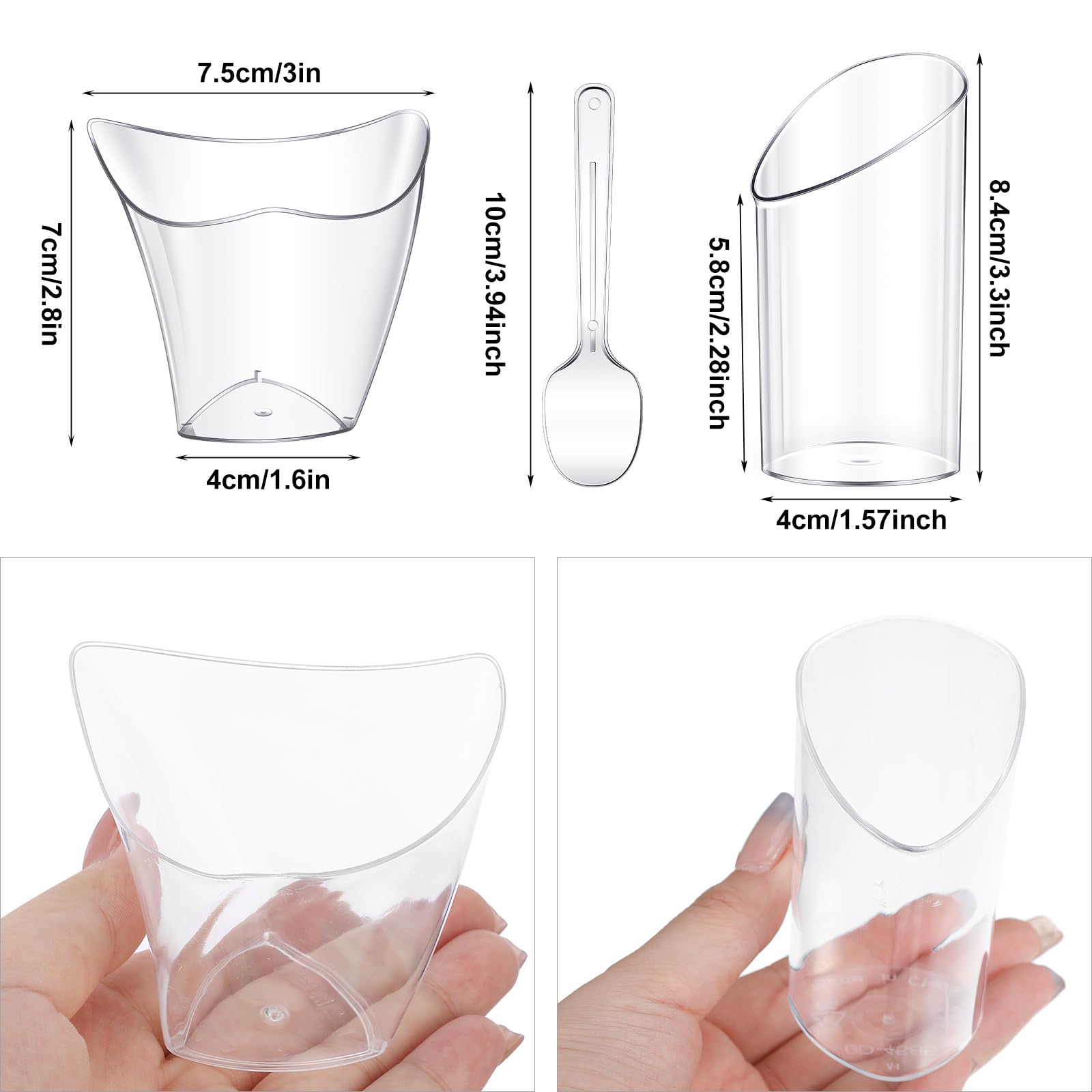 Paquete de 300 mini vasos de postre con cucharas, de plástico transparente, taza redonda inclinada para postres, copa cuadrada de corazón, tazas de parfait transparentes para tiradores de fiesta (3