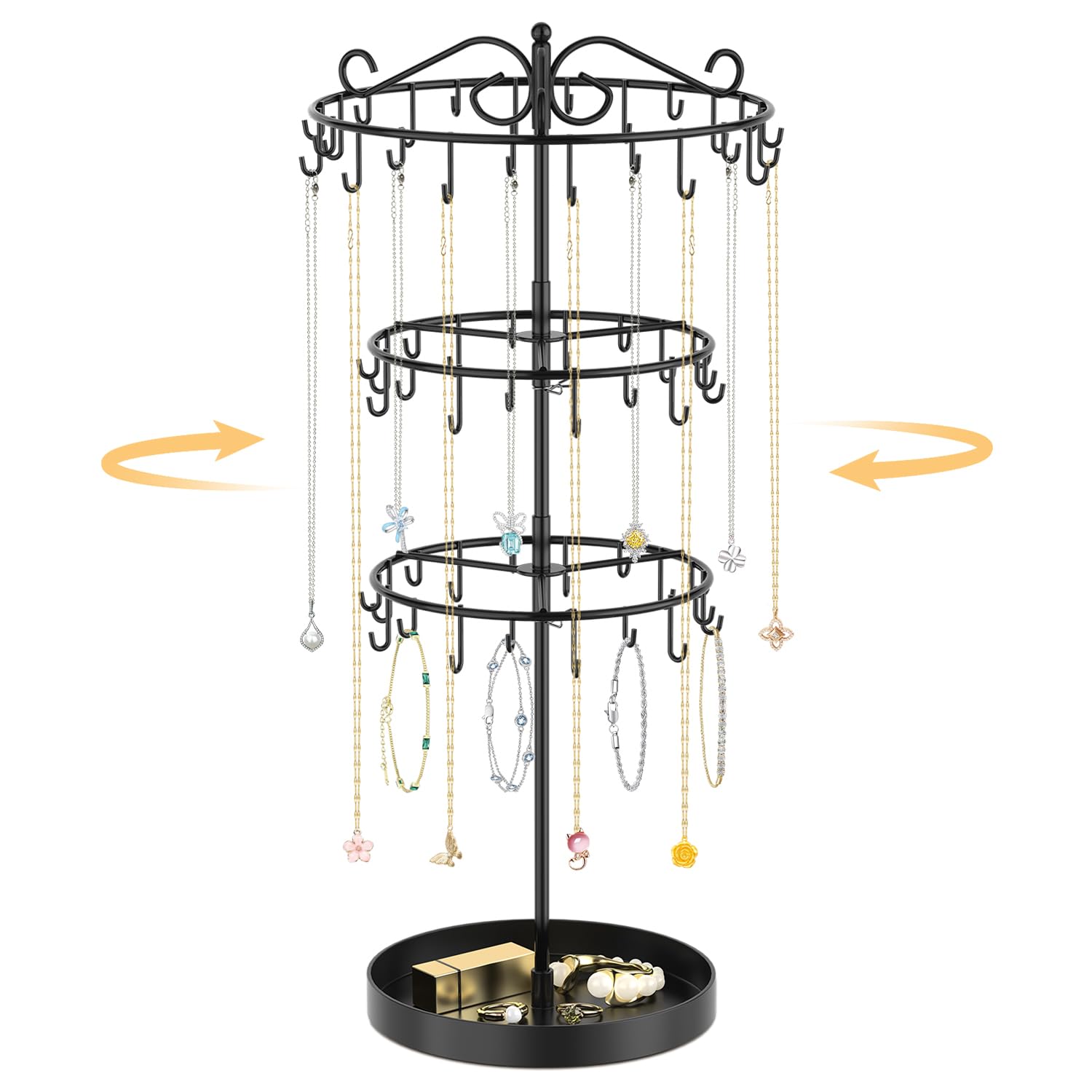 EsLuker.ly Necklace Holder Organizer Rotating Display Stand, 3 Tier Black