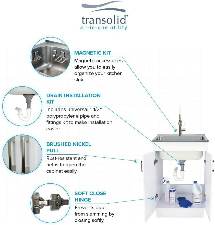 Transolid TCM-2420-WC 24-in. All-in-One Laundry/Utility Kit with Magnetic Sink Accessories, White/Stainless Steel