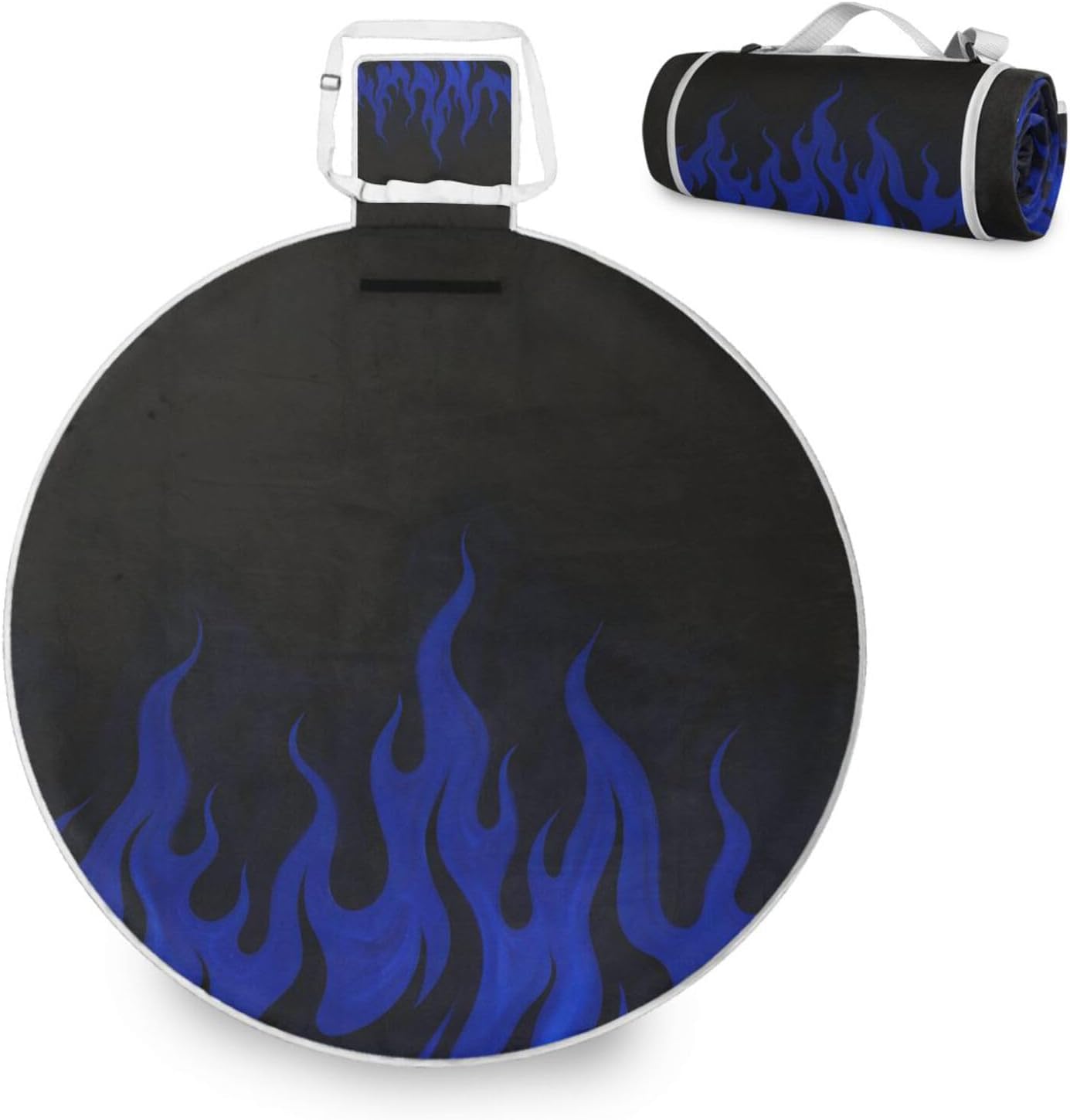 Round Outdoor Mat - Fits 2 Adults, Summer Accessories Waterproof Foldable Picnic Blanket for Spring Summer Camping 58 in (Black Cool Flame Dark Blue)