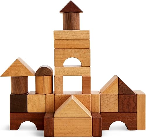 Beright Juego de bloques de madera de 32 piezas, hechos de materiales naturales, incluyendo sapele y haya
