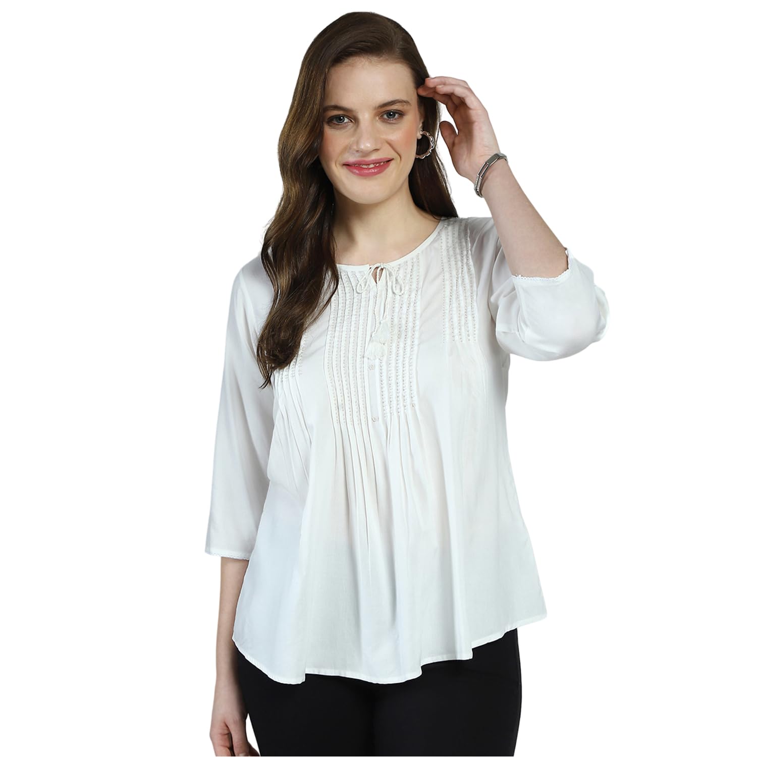 monte carlo Women's Self Design Round Neck Top | 3/4 Sleeve Casual Wear | Stylish & Comfortable | Everyday Top Wear for Women-picture-14