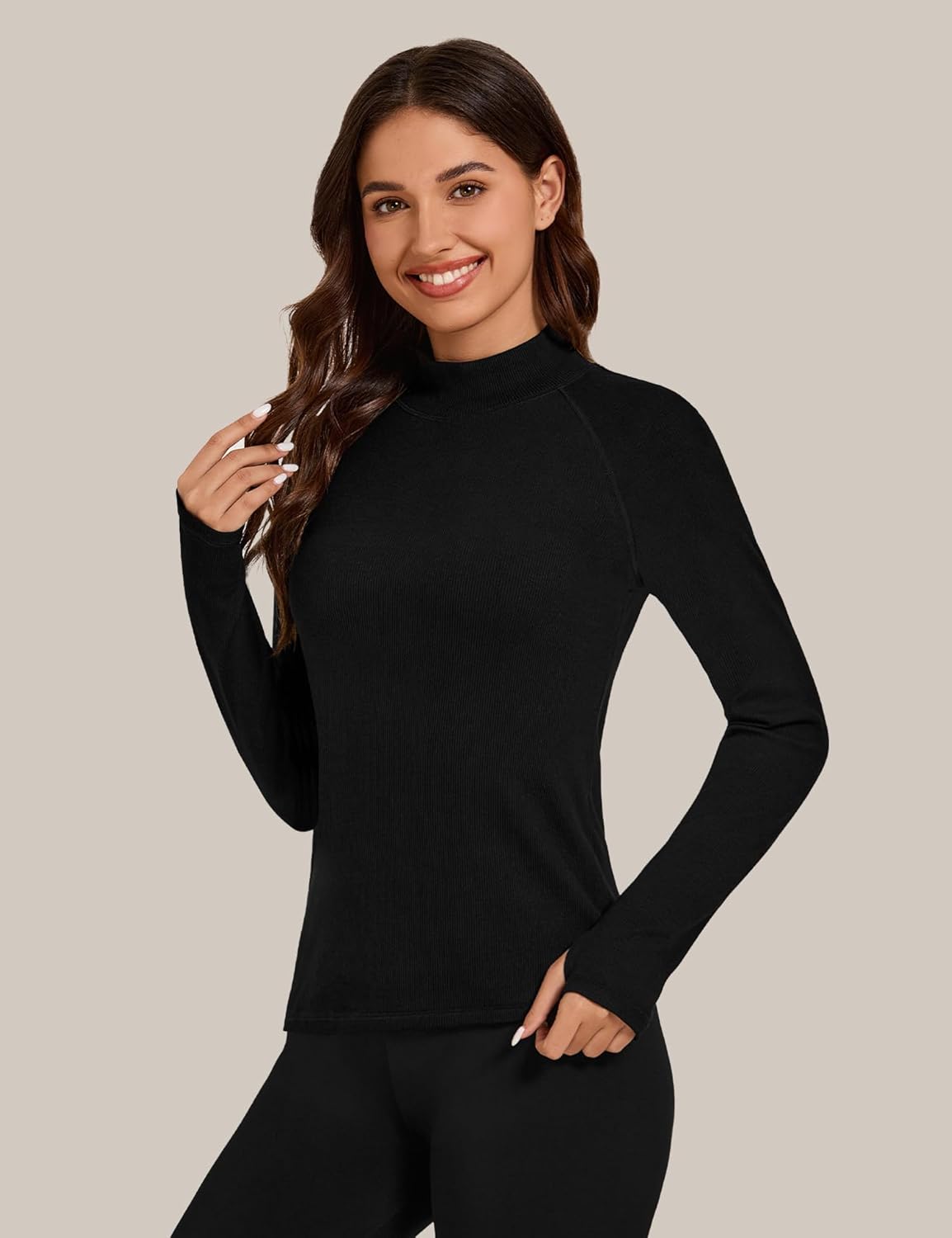 Bonneuitbebe Women's Micro Fleece Lined Undershirt Mock Neck Ribbed Thermal Shirts Workout Base Layer with Thumb Hole - Image 2