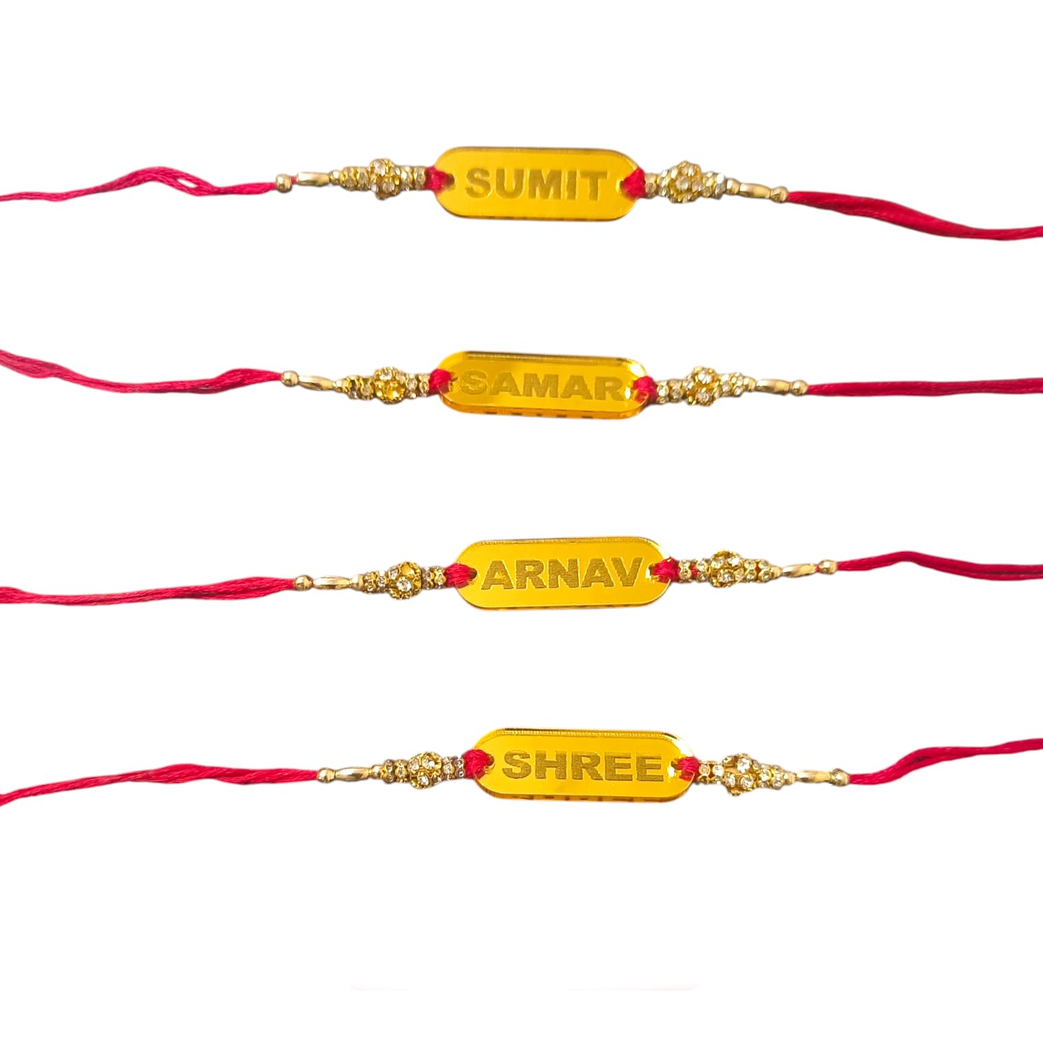 FOOTPRINT Pack of 4 Personalized Name Rakhis with Golden Acrylic Name Plate & Red Thread-image-9