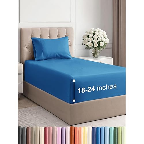Extra Deep Pocket Twin Sheets - 3 Piece Breathable & Cooling Bed Sheets - Hotel Luxury Bed Sheet Set - Soft, Wrinkle Free & Comfy - Easily Fits Extra Deep Mattresses - Deep Pocket Denim Blue Sheets