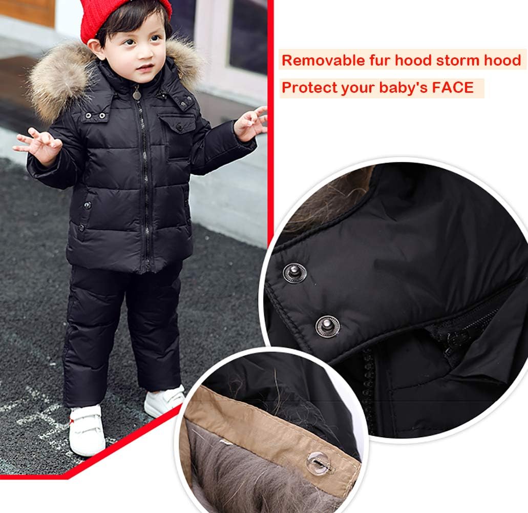SANMIO Toddler Snowsuit Boy Girl Winter Coat Snow Pants Set, Hooded Down Jacket + Bib Pants Kids Windproof Skiing Suit (4-5T, Black) - Image 2