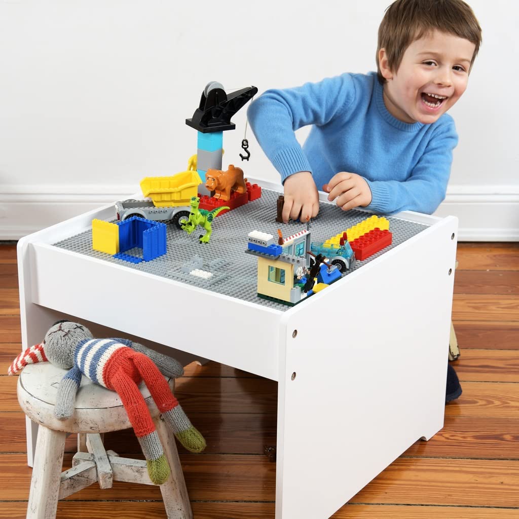 Legostein-Spieltisch, Kindertisch und Aufbewahrungsbox, 2in1 mit Grauer Bauplatte, Kindermöbel mit Stauraum