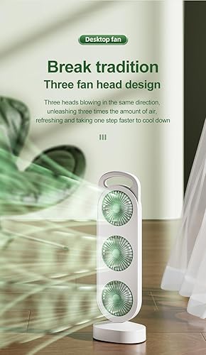 Miniatura 9 de Ventilador de torre portátil con 3 turbinas, modo brisa natural, alimentado por USB, blanco y verde