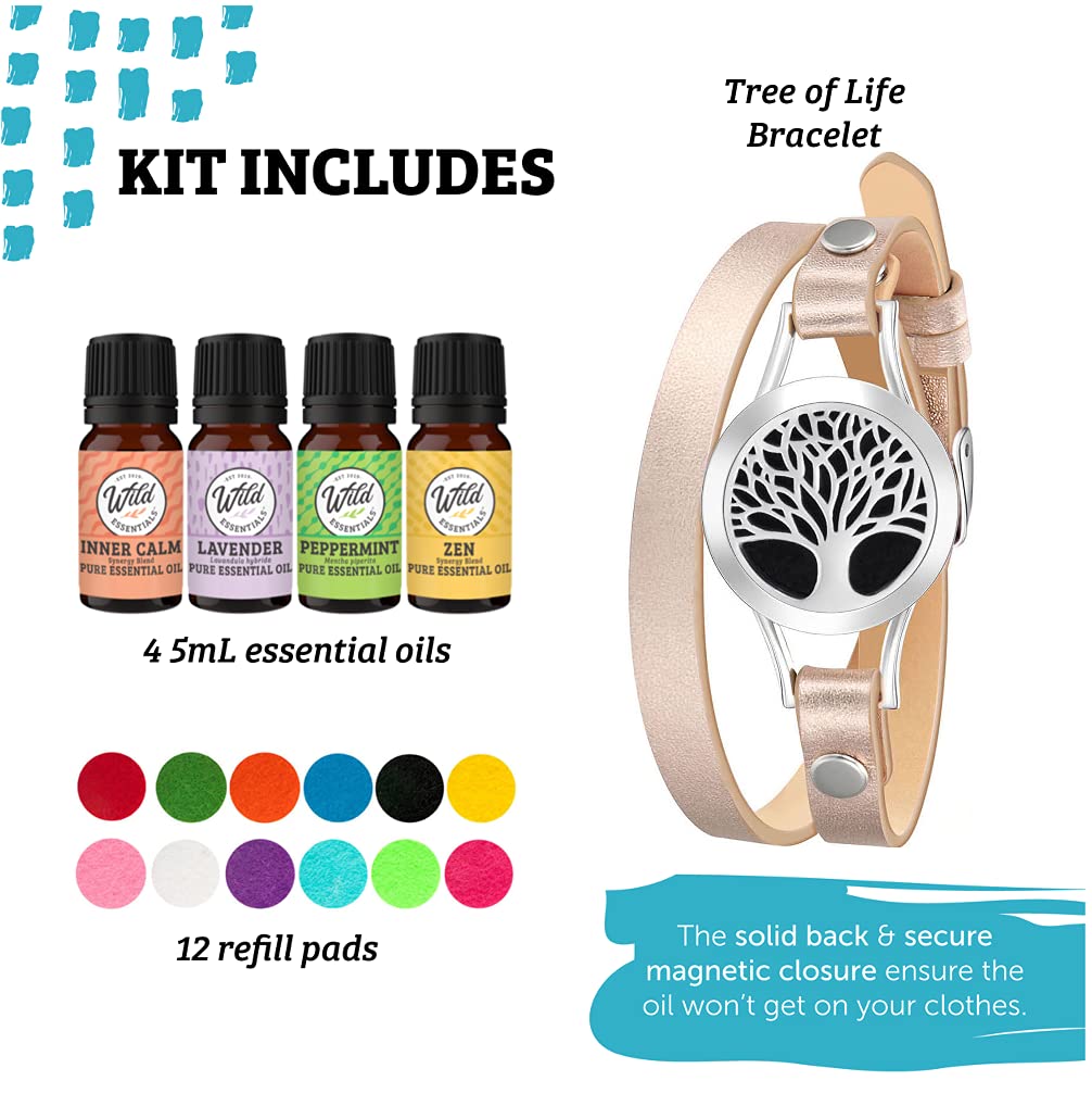 Wild Essentials Tree of Life Bracelet diffuseur d'huiles essentielles avec pendentif d'aromathérapie et bracelet en cuir de 36,8 cm, 8 recharges colorées en cuir