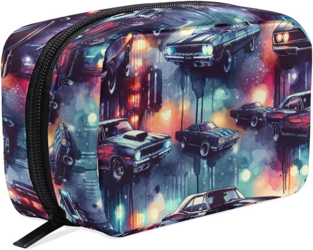 Neon Muscle Cars Makeup Bag for Purse Travel Cosmetic Bag Soft Aesthetic Storage Pouch with Zipper for Women Beauty Accessories