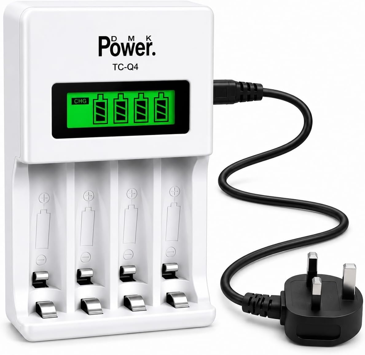 DMK POWER TC-Q4 Smart LCD AA AAA Battery Charger, 4-Slot Independent Charger for Ni-MH & Ni-Cd Rechargeable Batteries, Intelligent Charging, AC 100-240V, UK Plug
