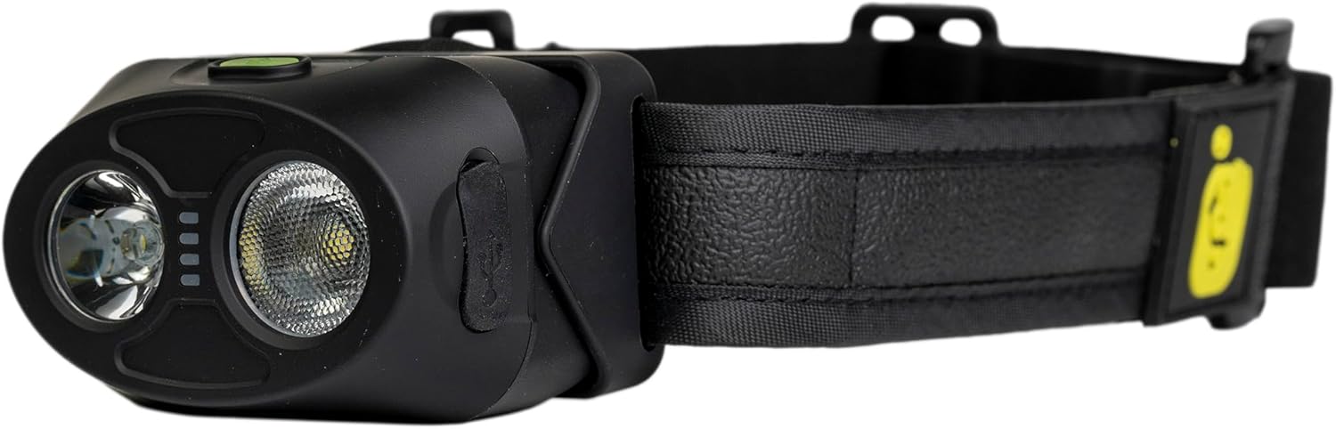 Ridgemonkey VRH300X Pro Headtorch, side view showing the main light, secondary light, and power indicator LEDs, with the adjustable strap visible.