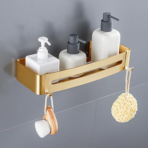 Miniatura 4 de Estante de ducha dorado cepillado adhesivo o perforación, soporte para cosméticos de baño con ganchos para champú