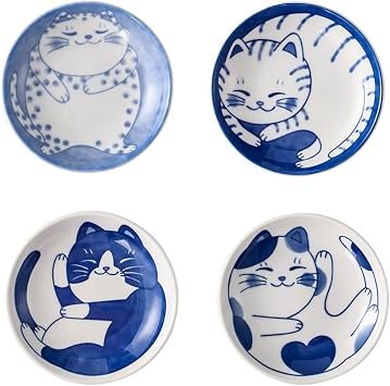 Pokinge 4Pcs Cute Cat Soy Sauce Dish,Japanese-style Ceramic Plates Cartoon Lucky Cat Pattern Seasoning Plates Appetizer Dessert Sushi Sauce Dishes for Kitchen